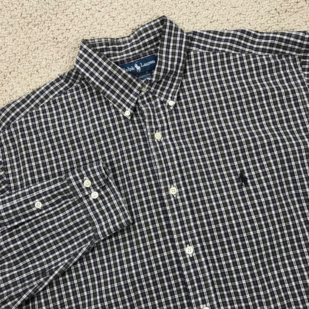 Ralph Lauren Yarmouth Mens 16.5 36/37 Plaid Button Down Shirt Navy White Cotton